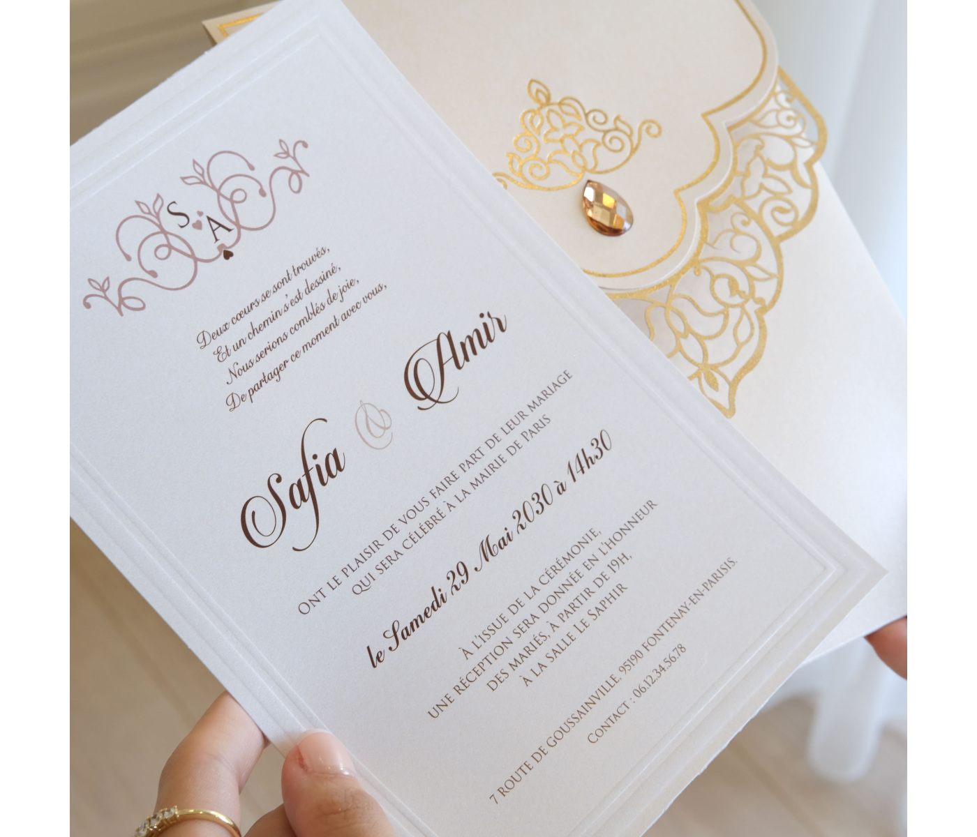 Carte d'invitation mariage diamant et perle